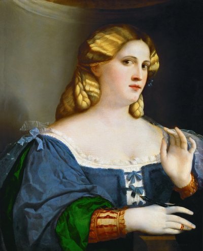 Junge Frau im blauen Kleid mit Feder von Palma il Vecchio